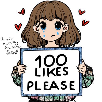 a girl holding a sign saying 100 likes please