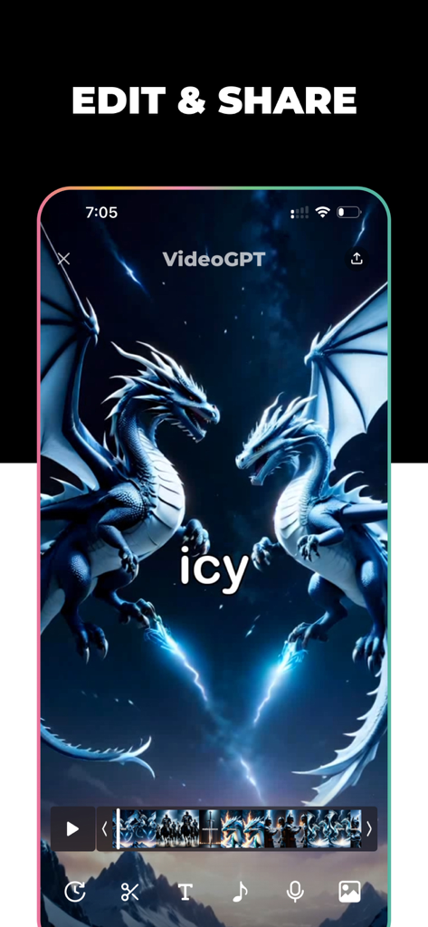 A mobile interface for VideoGPT showing an AI-generated video of two ice dragons with tools to edit and share content.