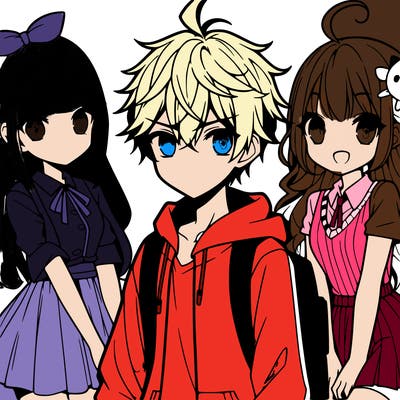 three anime girls and one boy