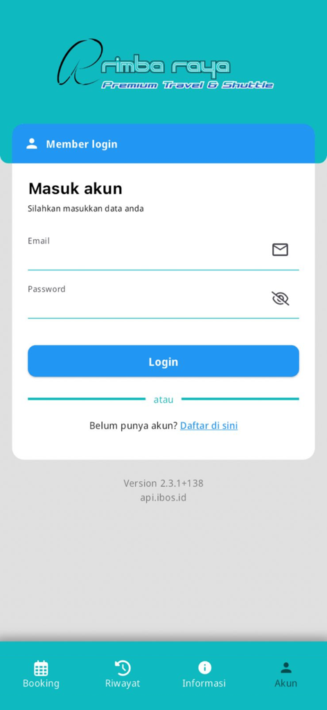 Login screen of the Rimba Raya Travel mobile app featuring fields for email and password.