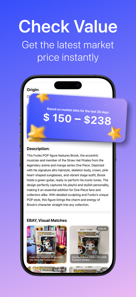 Pantalla de la aplicación móvil que muestra la valoración del precio de mercado y coincidencias visuales de eBay para una figura coleccionable Funko Pop