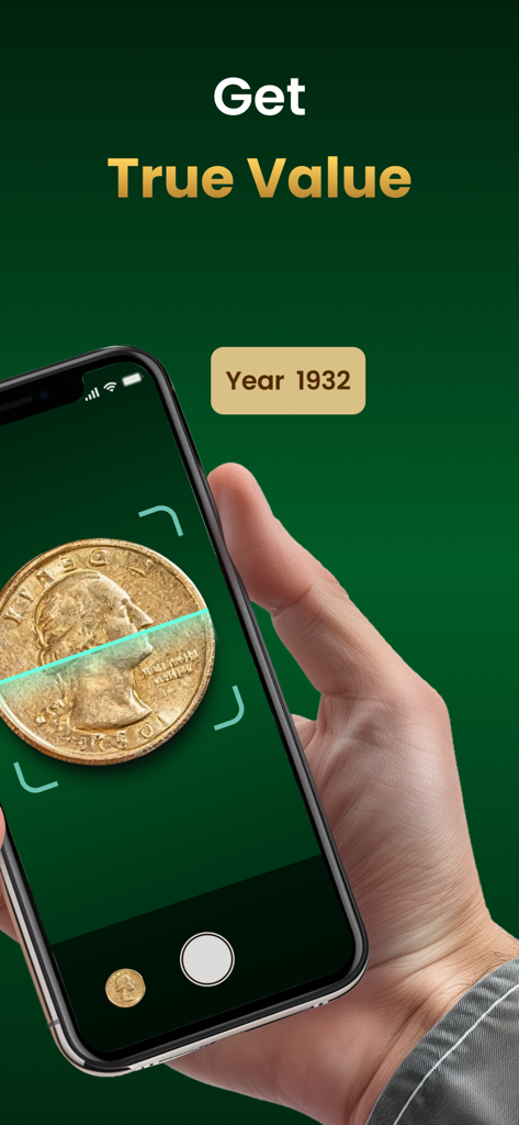 Un telefono cellulare che scansiona una moneta da un quarto di dollaro del 1932 per trovarne il vero valore.