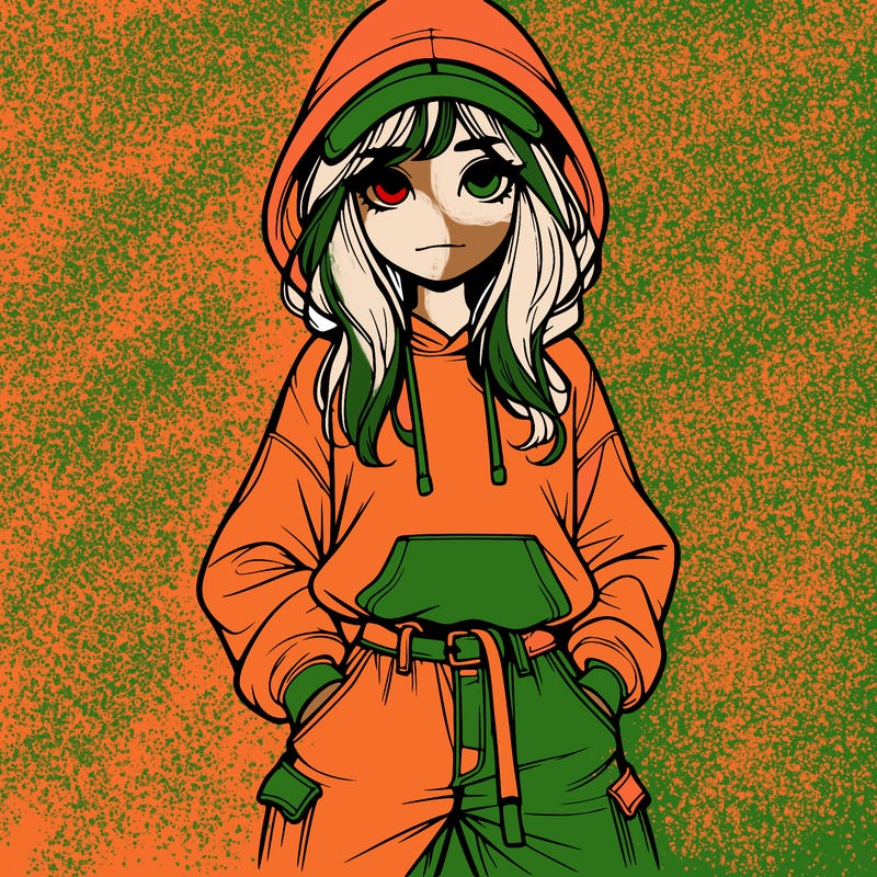 realistic girl with baggy jeans, a hoodie and hat long hair