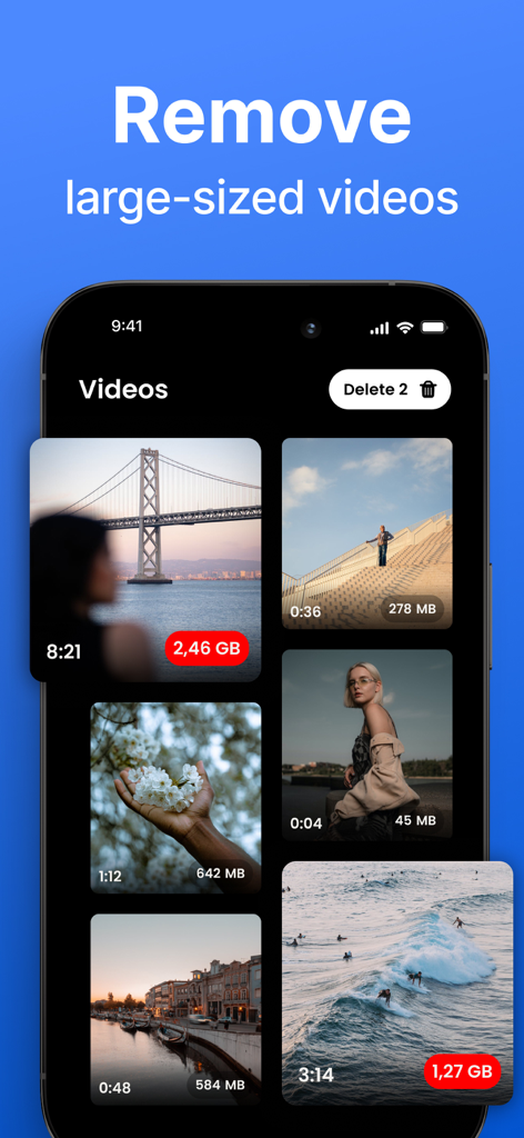 App interface showing large videos with file sizes and an option to delete them to free up phone storage