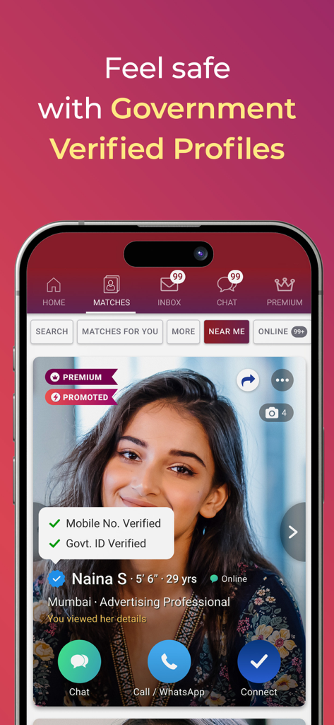 La aplicación Matrimonio Punjabi muestra el perfil de un usuario verificado por el gobierno con opciones de chat y llamada