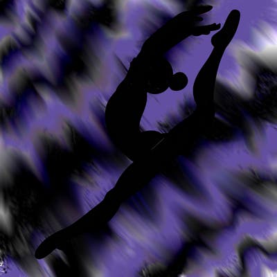 gymnast doing a leap in a leotard with a bent back leg