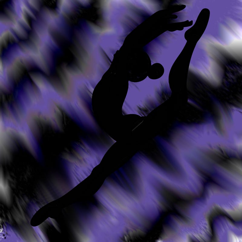 gymnast doing a leap in a leotard with a bent back leg