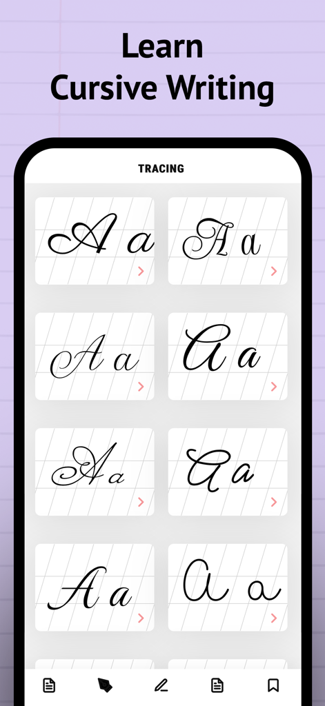 Una schermata di smartphone che visualizza vari stili di lettere corsive per il tracciamento e la pratica della calligrafia.