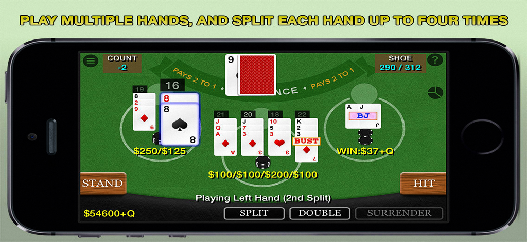 Blackjack 21 Pro Multi-Hand - Blackjack simulator interface showing multiple hands being played and split on a green digital table with card counting statistics.