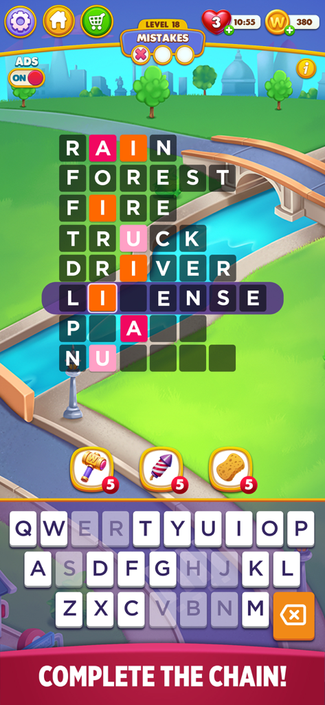 Word Chain Puzzle - A mobile screen of Word Chain Puzzle showing a sequence of connected words like rain forest fire truck and driver license with an onscreen keyboard.