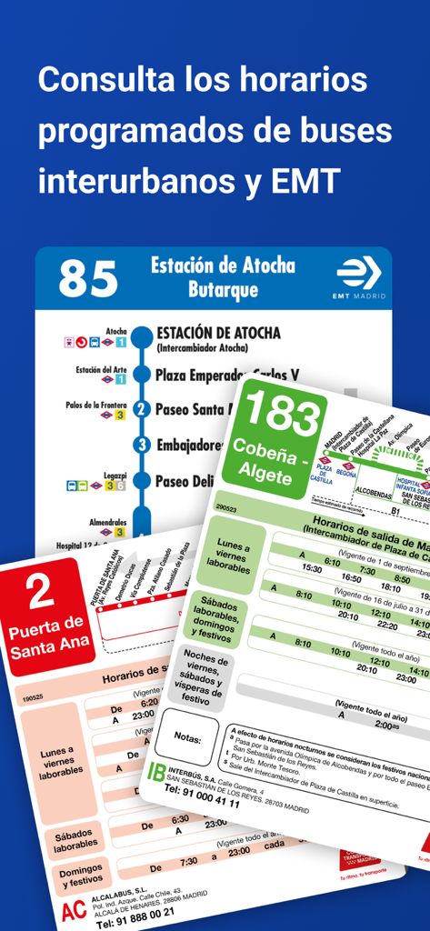 Buses Madrid Tiempo Real - Interface of the Buses Madrid app showing scheduled timetables for EMT and interurban bus lines
