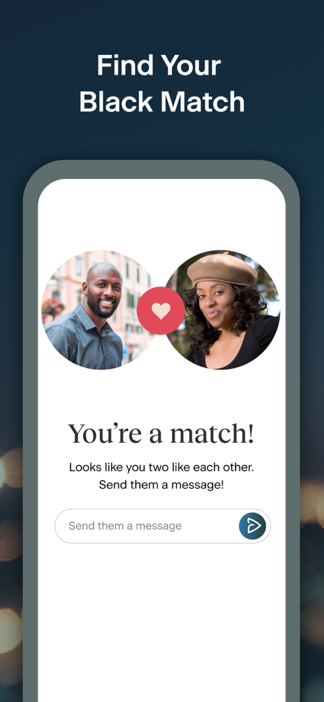 Black People Meet - A match screen from the Black People Meet app featuring photos of a man and a woman with a message prompt