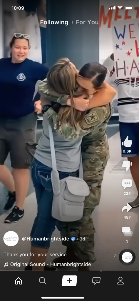 A video on the Clapper app featuring a soldier and a civilian hugging with a thank you message.