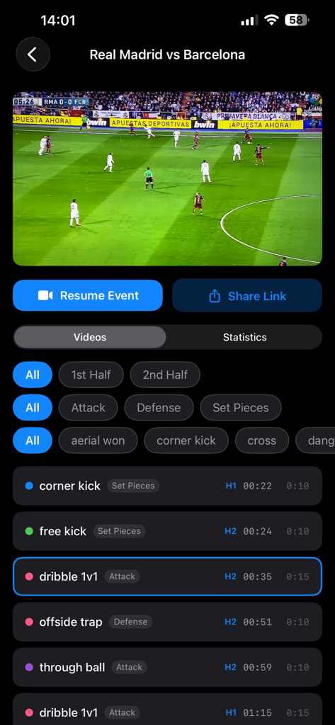 Sportics app interface showing a soccer match video with a list of tagged game events like free kicks and dribbles