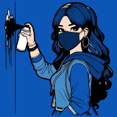 realistic girl with mask spray painting a wall