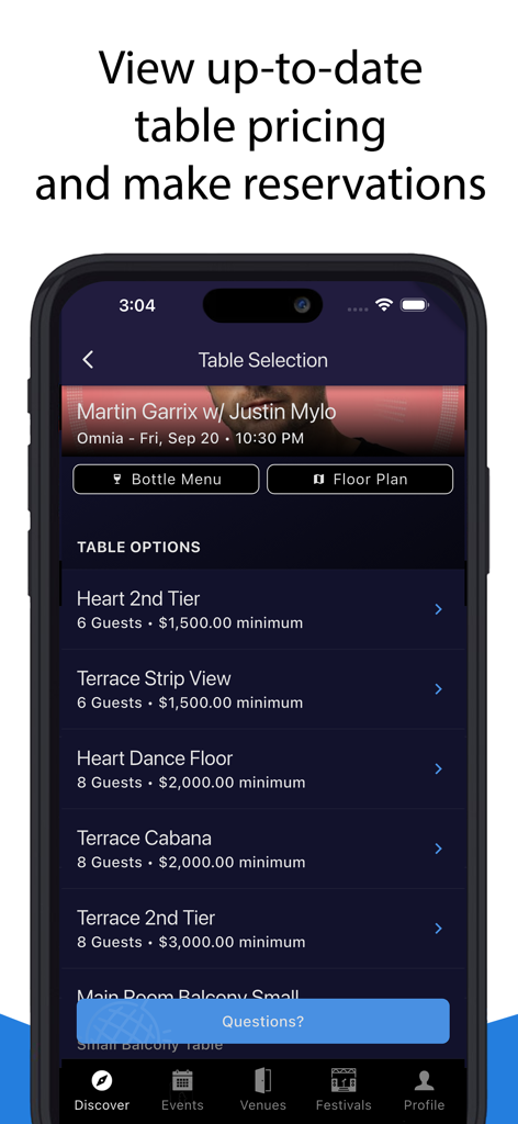 Discotech Nightlife - Discotech app screen showing nightclub table pricing and reservation options