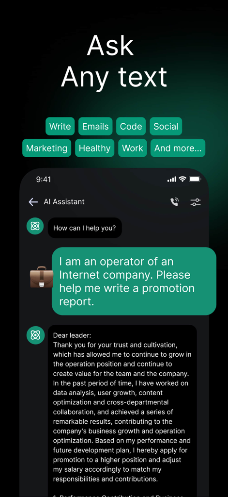 ChatGOAT AI -ChatBot Assistant - Chatbot de ChatGOAT AI redactando un informe de promoción profesional en una interfaz móvil.