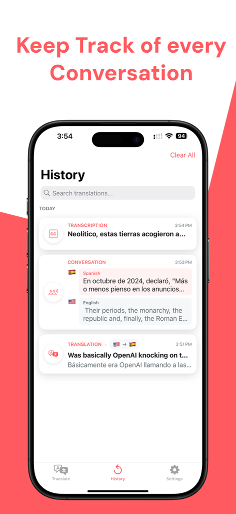 Live Translation: AI Translate - Schermata dello smartphone che mostra la cronologia delle traduzioni e trascrizioni recenti nell'app Live Translation.