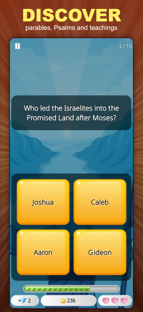 Bible Quiz: Trivia Game - Bible Quiz game screen featuring a question about the Israelites and Moses with four answer choices