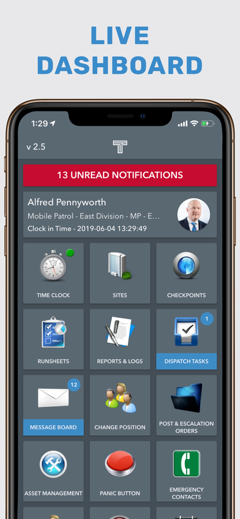 TrackTik Guard Tour - Live dashboard of the TrackTik Guard Tour app showing security management tools like checkpoints and reports.