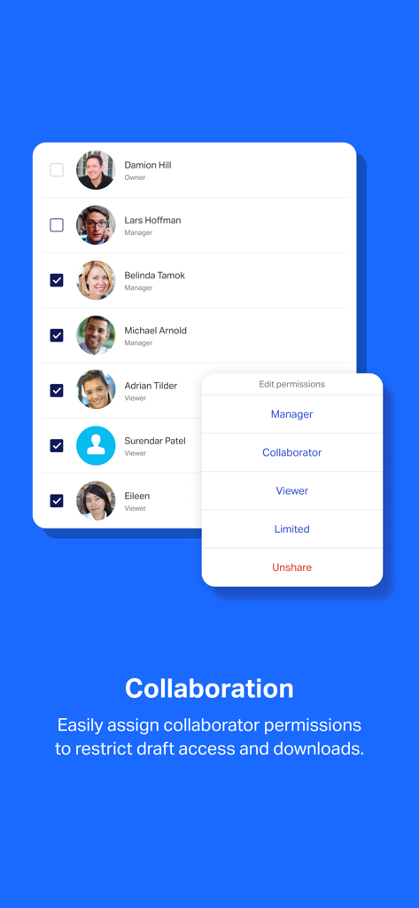 OpenText™ Core Share - Tela do aplicativo móvel mostrando as configurações de colaboração do usuário e opções de permissão de função