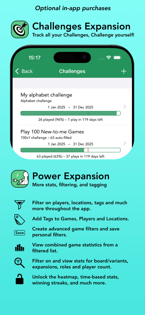 Capture d'écran présentant les modules d'extension Challenges et Power pour l'application Board Game Stats, avec barres de progression et listes de fonctionnalités.