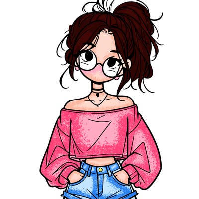 girl with a messy ponytail glasses a baggy crop top and jean shorts