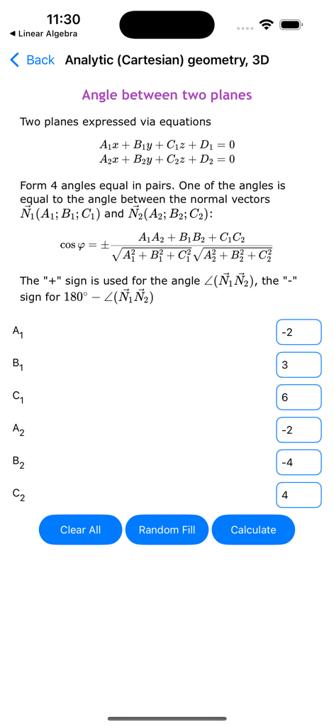 ALG Math Solver - ALG Math Solver mobile app showing a 3D geometry calculator for the angle between two planes with mathematical formulas and input fields