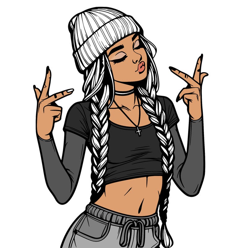 realistic teenage girl with braids and a beanie and crop top doing 🫶🏼