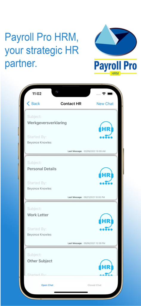 Payroll Pro HRM - Screenshot of Payroll Pro HRM app showing the Contact HR screen with support chat history for various employee requests