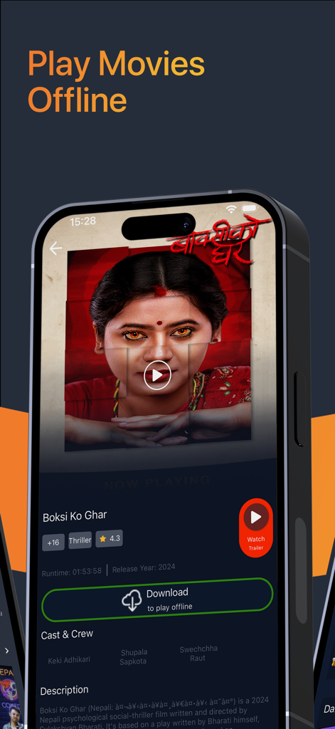 Cinemaghar app interface displaying the offline download feature for the Nepali movie Boksi Ko Ghar