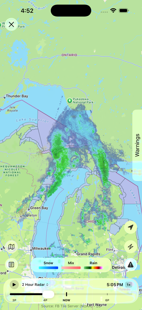 A live NOAA-powered weather radar map in the Forecast Bar app showing precipitation levels across the Great Lakes region.
