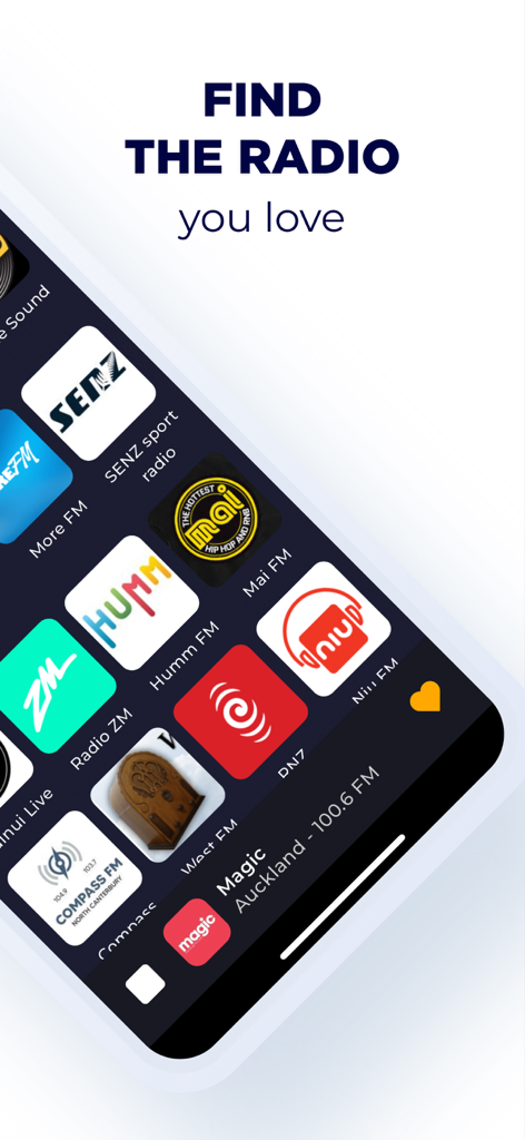 Radio New Zealand: FM & Online - Uma tela móvel do aplicativo Radio New Zealand mostrando uma grade de logotipos de estações, incluindo More FM e Mai FM, sob o texto Encontre o rádio que você ama.