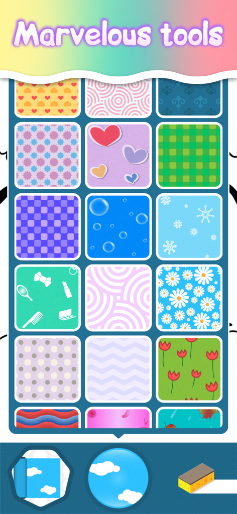 Baby coloring games for girls - Una variedad de patrones y texturas coloridas para colorear de forma creativa en la aplicación.