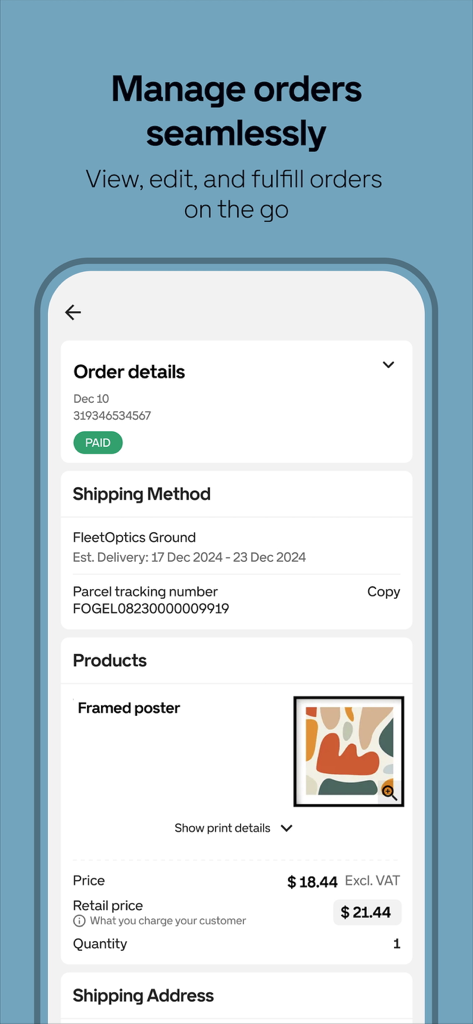 Tela de gerenciamento de pedidos do aplicativo Gelato mostrando detalhes de envio e preços para um pôster emoldurado personalizado.