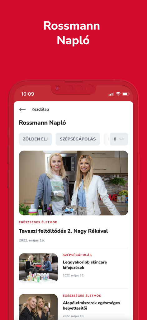 Mobile app interface of the Rossmann Naplo featuring beauty and lifestyle articles