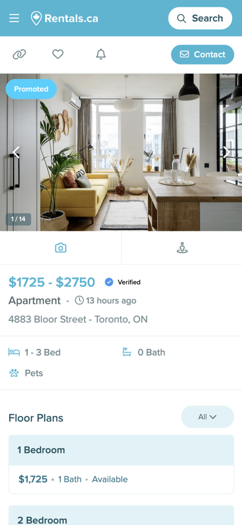 Rentals.ca :) Apartment Finder - Rentals.ca app screenshot showing a verified apartment listing in Toronto with pricing and floor plans.