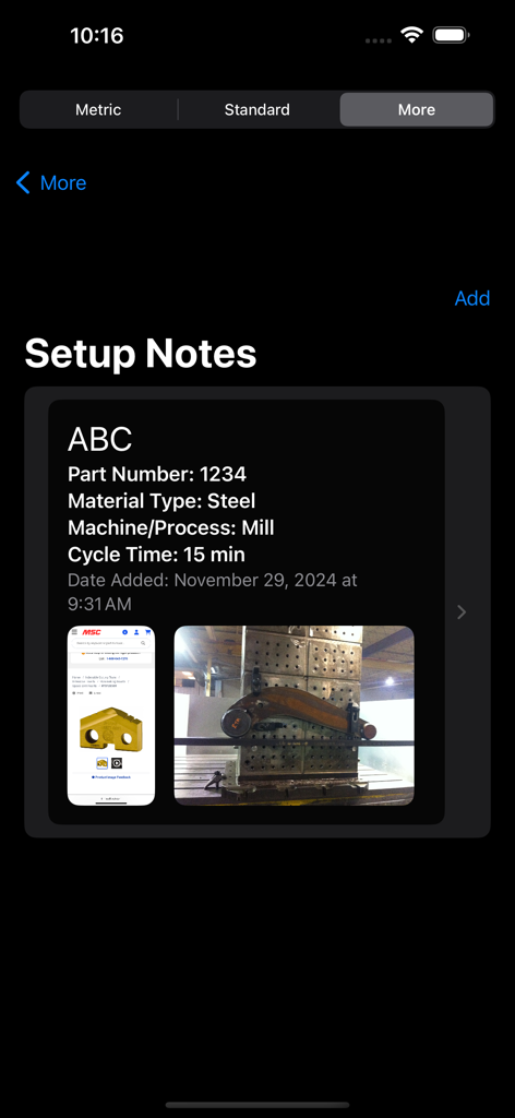 A mobile app screen showing setup notes for a milling process including part number material type and cycle time.