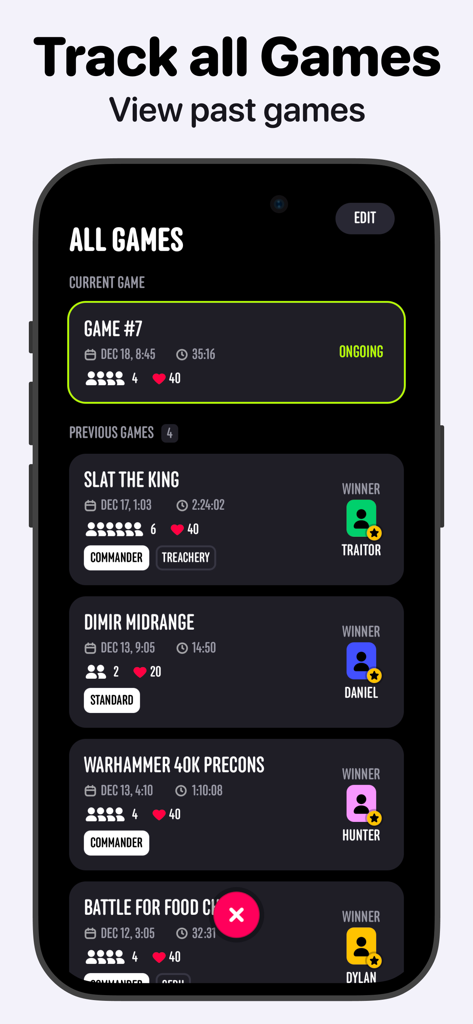 Lotus アプリインターフェース。勝者とフォーマットが表示された、追跡された Magic The Gathering ゲームの履歴を表示しています
