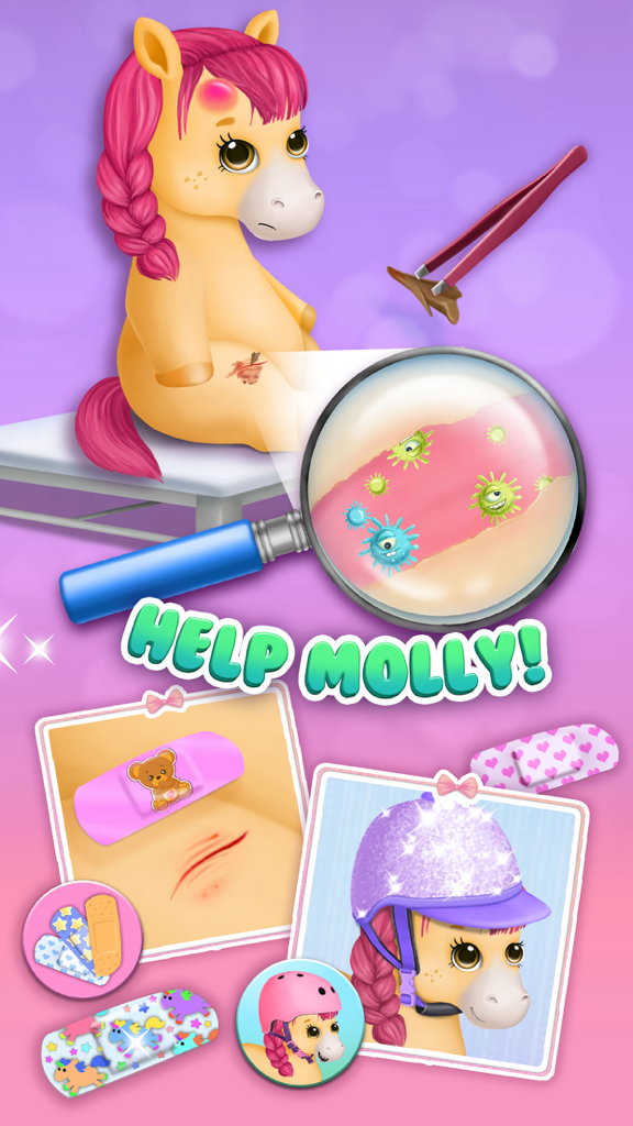 Molly the pony being treated for a wound with tweezers and colorful bandages in a pet hospital game