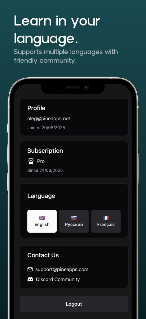 Bildschirm zur Sprachauswahl und Profileinstellungen in der mobilen App Chess Openings Theoria