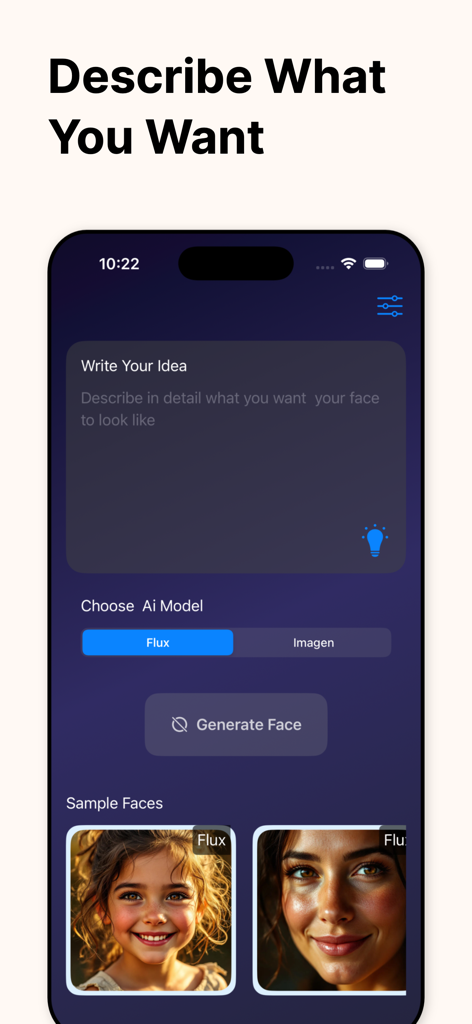 顔を説明するためのプロンプト入力フィールドとサンプルフォトリアルポートレートが表示されているAI顔ジェネレーターアプリ画面
