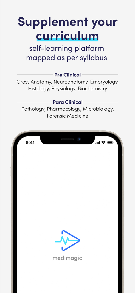 MediMagic app screen showcasing a wide range of pre-clinical and para-clinical medical subjects mapped to the syllabus.