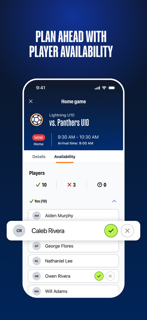 TeamSnap ONE - TeamSnap ONE app showing a player availability list for a youth sports game.