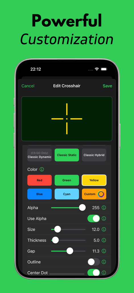 Custom crosshair editor with color presets and sliders for size and thickness