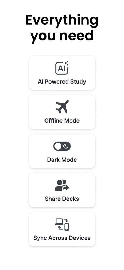 Study G: Student App Blocker - Una lista de características para la aplicación Study G que incluyen estudio impulsado por IA, modo sin conexión, modo oscuro, mazos para compartir y sincronización de dispositivos