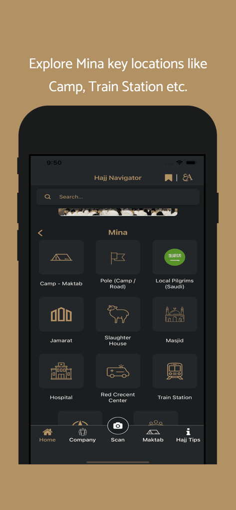 PHVG Hajj Navigator - PHVG Hajj Navigator app menu showing navigation options for Mina locations like camps hospitals and train stations