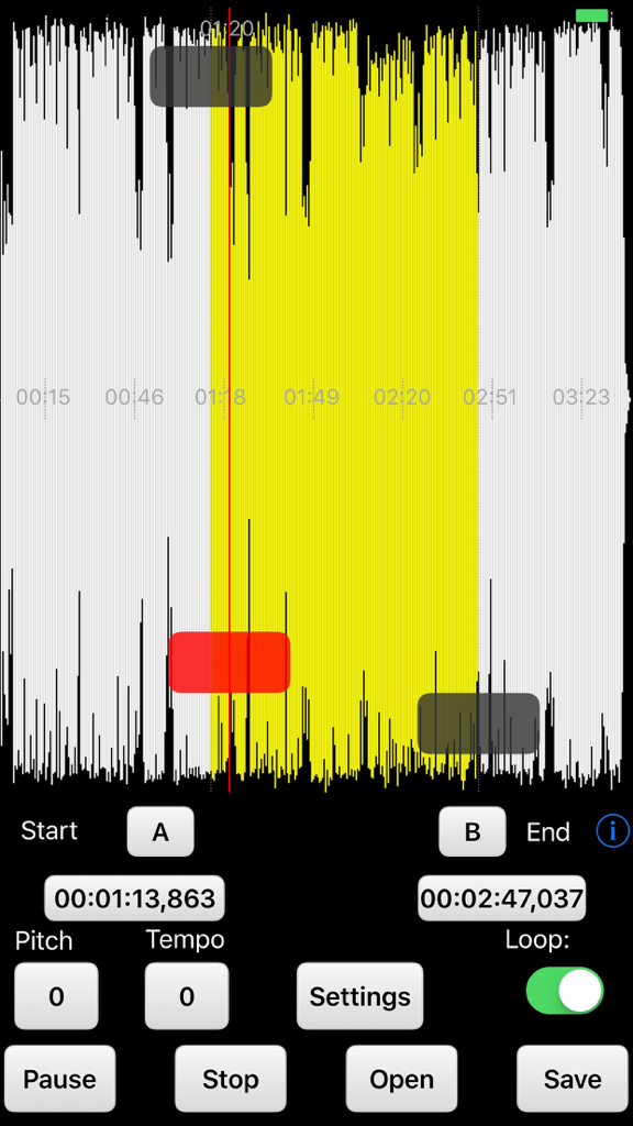 Music Speed Changer - Audio waveform display in Music Speed Changer showing a highlighted loop section and playback controls