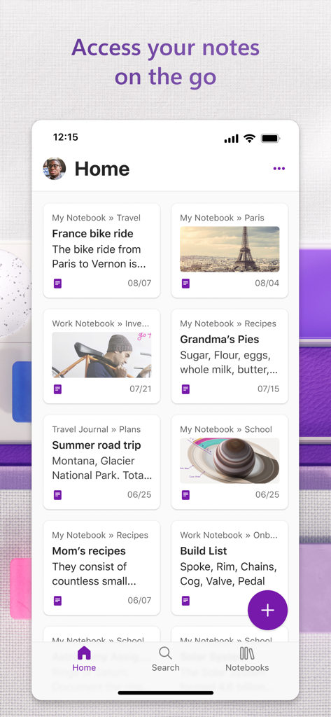 Microsoft OneNoteモバイルアプリのホーム画面。デジタルノートのコレクションが表示されています。