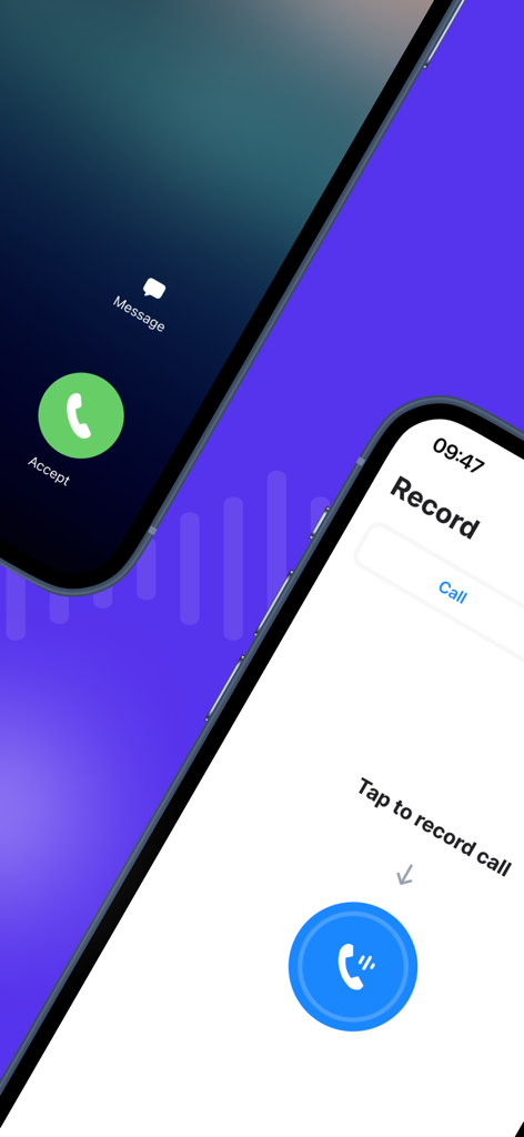 Dos pantallas de iPhone que muestran una interfaz de llamada entrante y la pantalla de grabación de la aplicación Rec-all con un botón azul grande